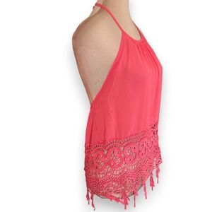 JELLA COUTURE Coral Halter Top Crochet Hem Size S